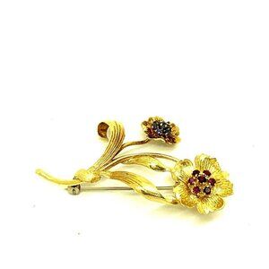 Flower Brooch Red Ruby Blue Sapphire 18k Yellow Gold Vintage Estate Jewelry